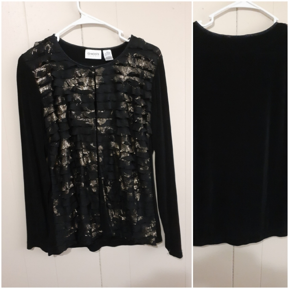 Chico's ruffled and gold dusted black cardigan